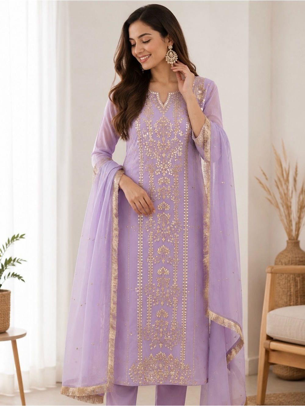 Fabulous Faux georgette Kurti , pant and dupatta set embroidered with foil work
